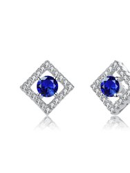 Stylish Platinum Plated Halo Stud Earrings - Blue
