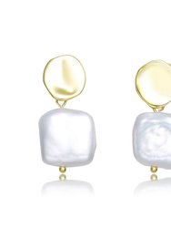 Very Stylish Sterling Silver With 14k Yellow Gold Plating With Genuine Freshwater Pearl Dangling Earrings - Gold