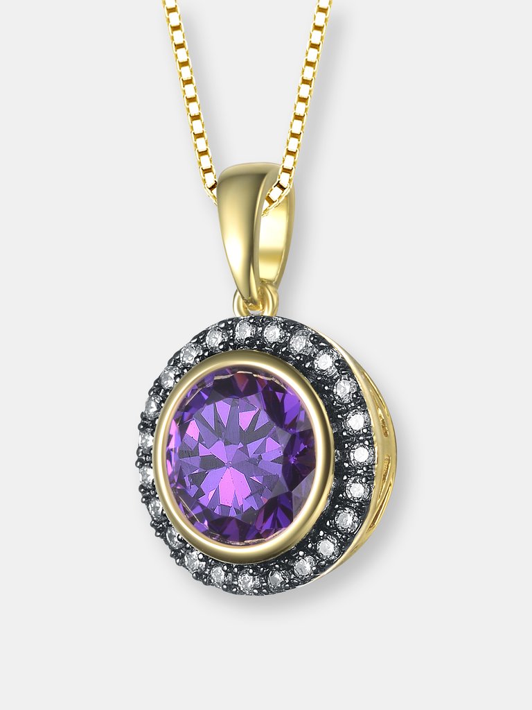 Yellow Gold Plated Round Purple Cubic Zirconia Pendant Necklace