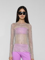 Rhinestone Embroidered Mesh Top - Lilac Pink