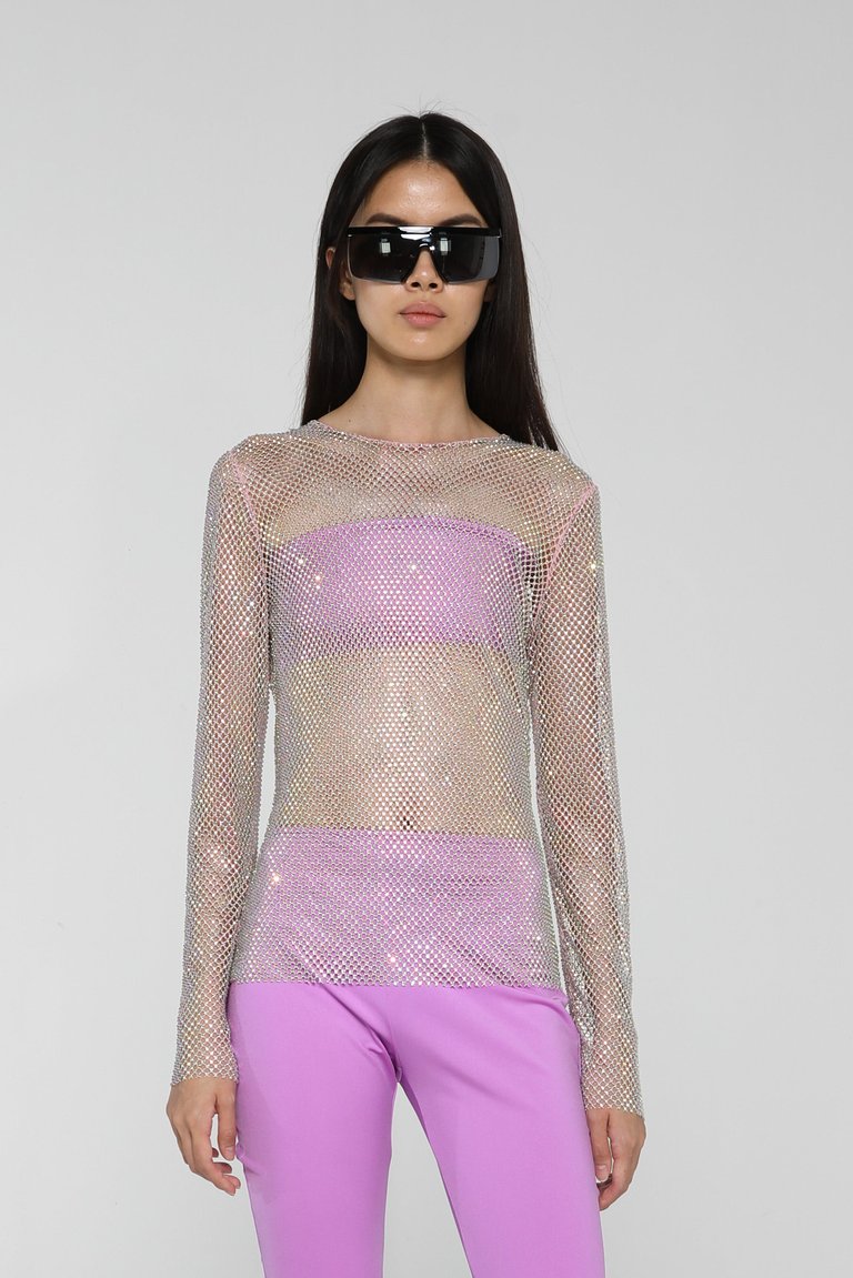Rhinestone Embroidered Mesh Top - Lilac Pink