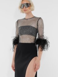 Rhinestone Mesh Top Feather Trim - Black