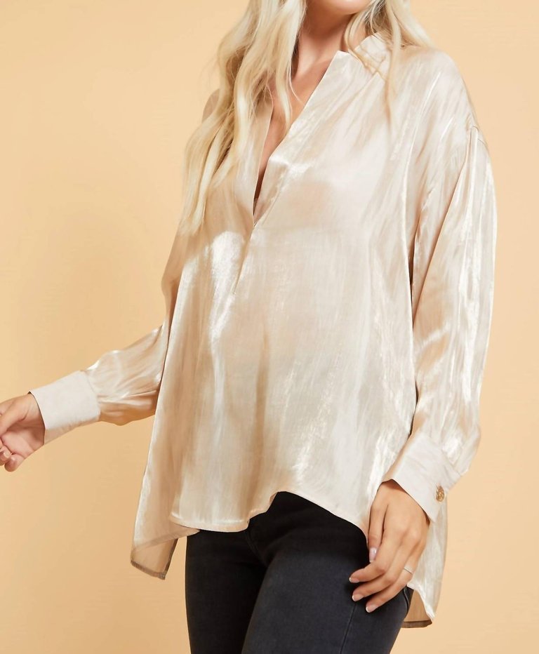 Split Neck Shimmer Blouse In Taupe Shimmer