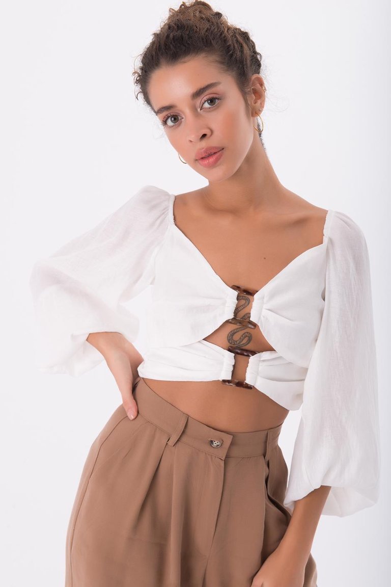 Balloon Sleeve Cut-Out Blouse - White