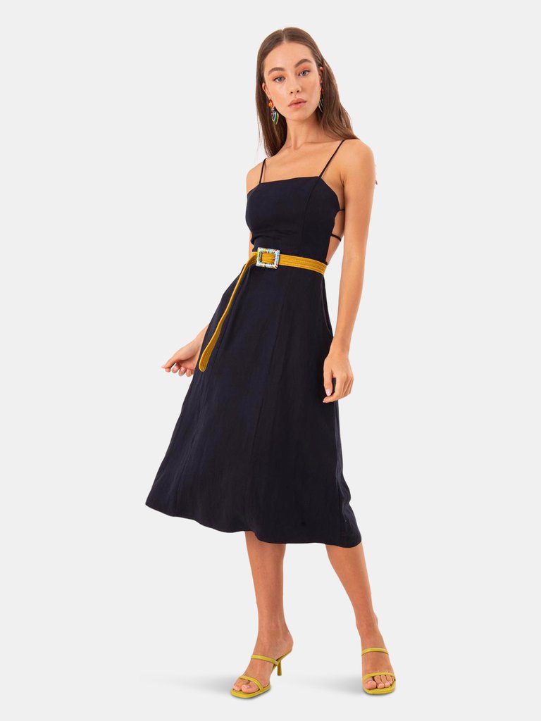 Open Back Strapped Linen Midi Dress - NAVY