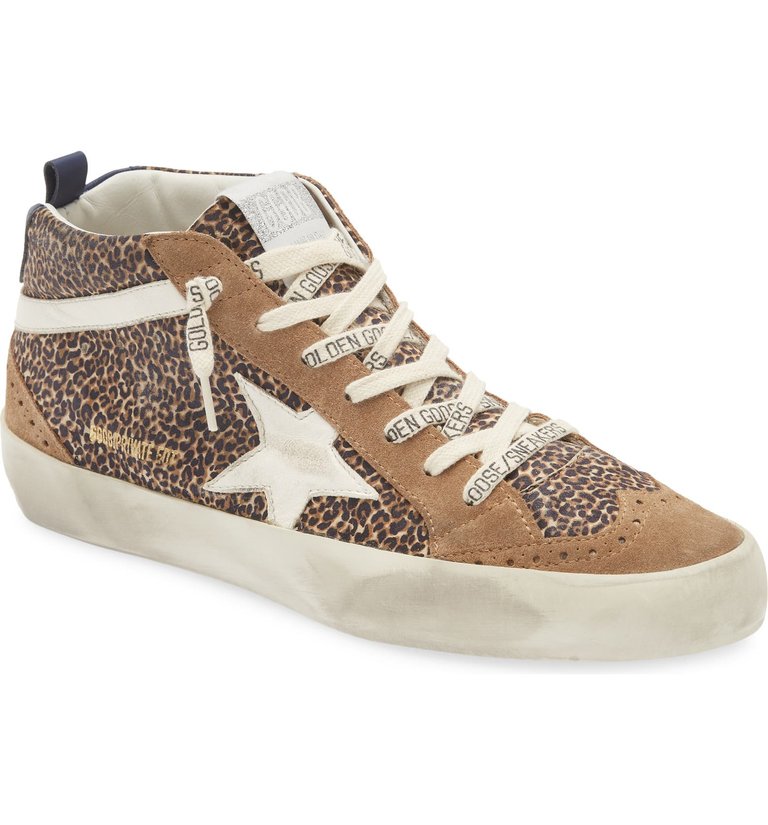 Women Leopard Mid Star Classic Hi Top Leather Suede Sneakers - Brown