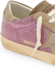 Women Super Star Pink Glitter Lace up Sneakers - Pink