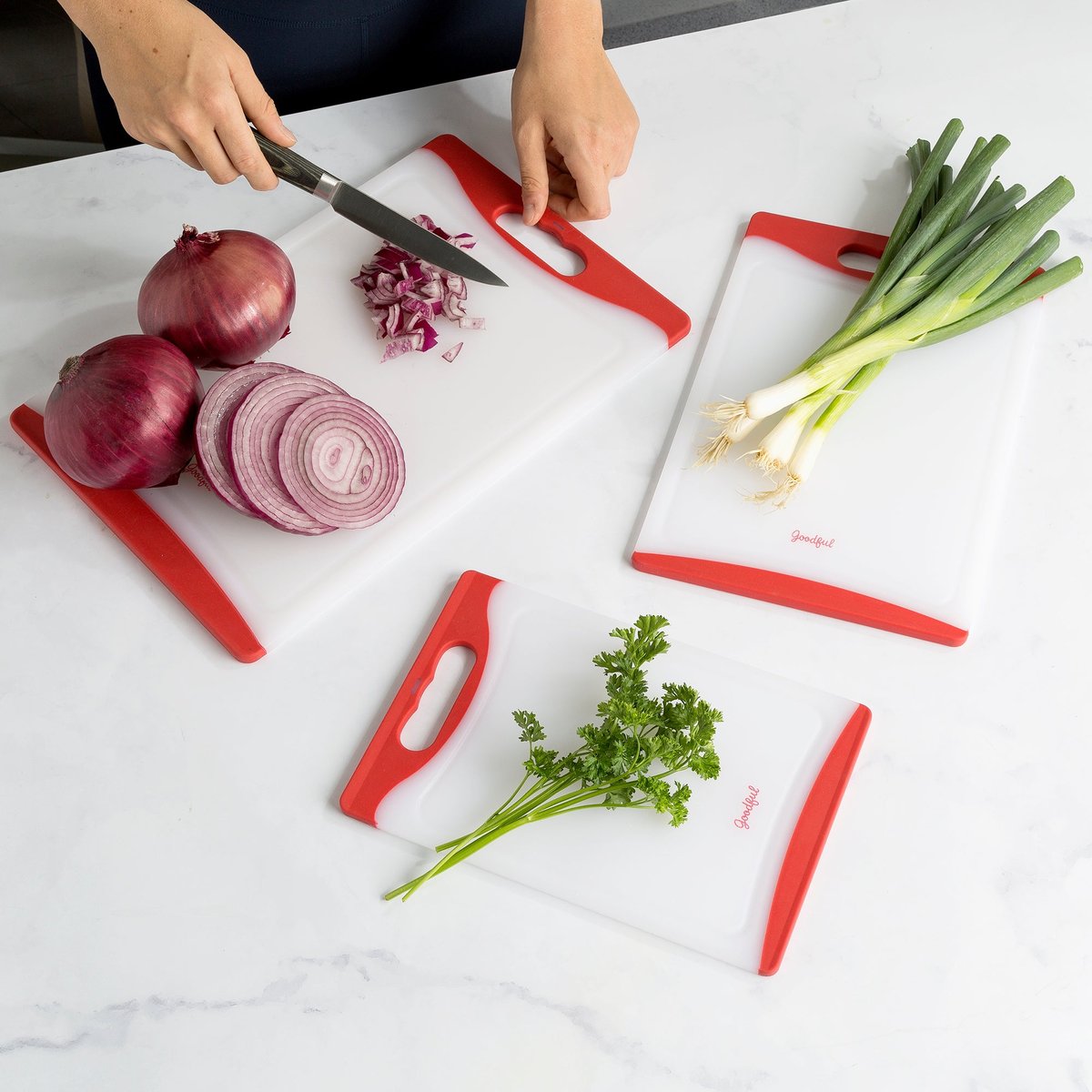 Goodful Cutting Board (3 Piece Set)- Non-Slip Edges, Easy Grip Handles,  Made without BPA, Non-Porous, Dishwasher Safe, Multiple Sizes, Red