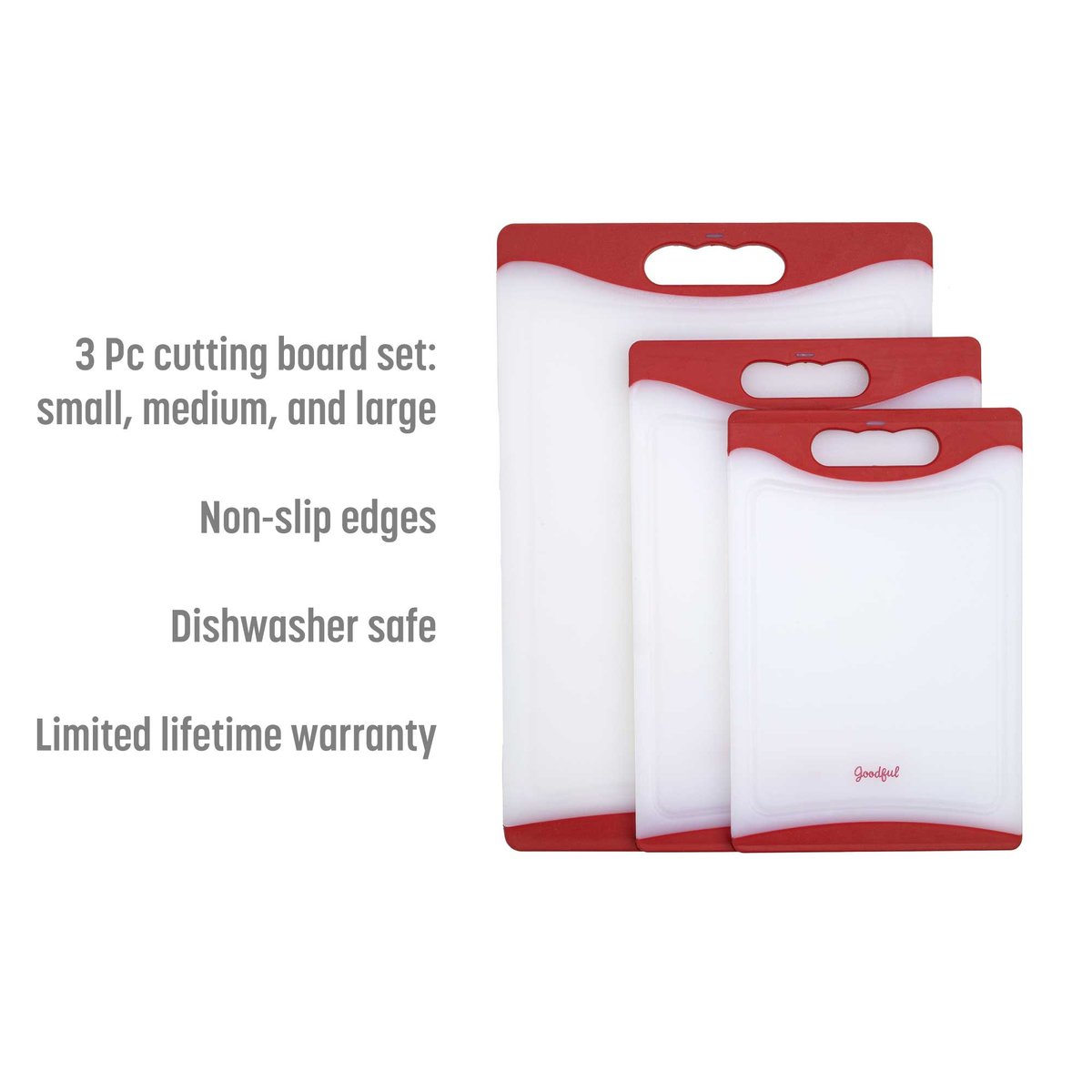 Goodful Cutting Board (3 Piece Set)- Non-Slip Edges, Easy Grip Handles,  Made without BPA, Non-Porous, Dishwasher Safe, Multiple Sizes, Red