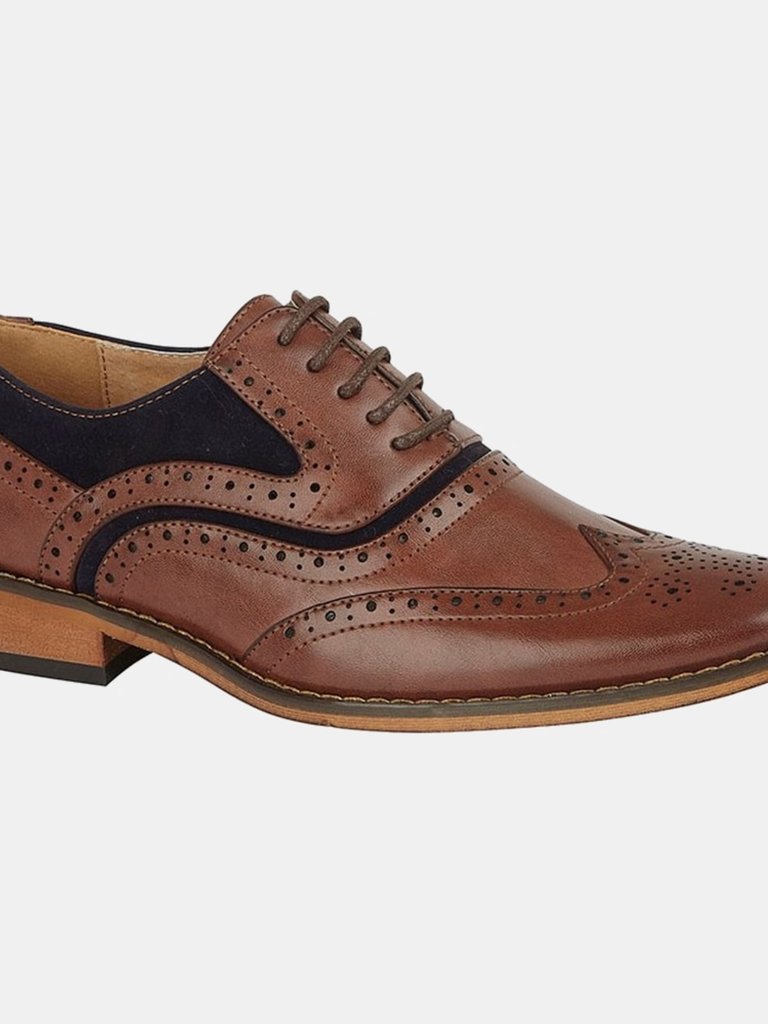 Childrens/Boys Leather 5 Eye Wing Capped Brogue Oxford Shoe - Dark Tan/Navy