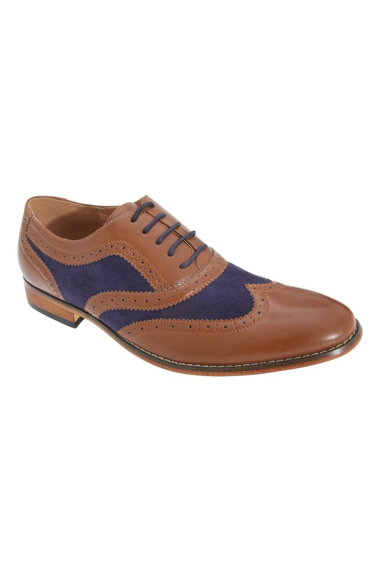 Mens 5 Eye Brogue Oxford Shoes - Tan/Navy - Tan/Navy