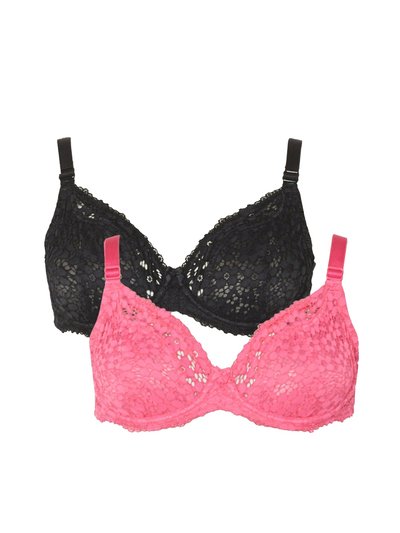 Gorgeous Womens/Ladies Daisy Lace Plunge Bra, Pack Of 2 - Raspberry/Black product