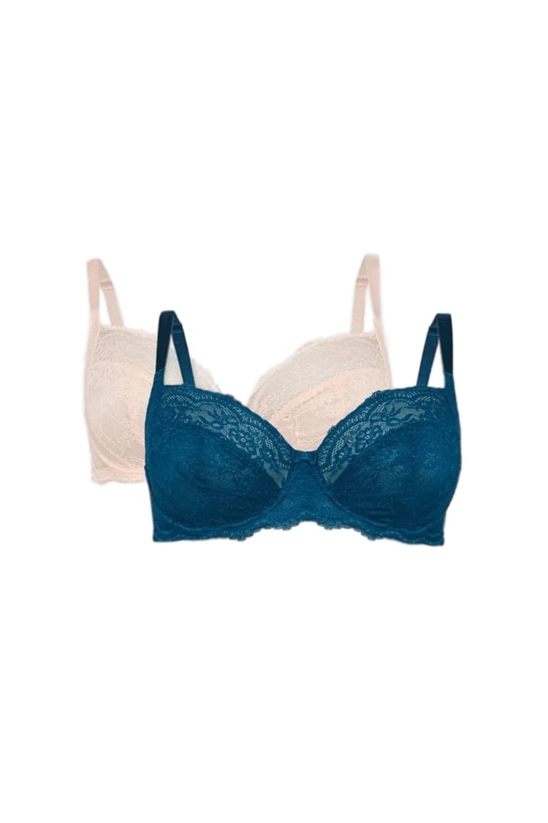 Womens/Ladies Scallop Non-Padded Bra - Pack Of 2 - Teal/Light Pink