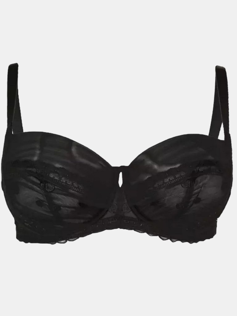 Womens/Ladies Spotted Embroidered Bra- Black - Black