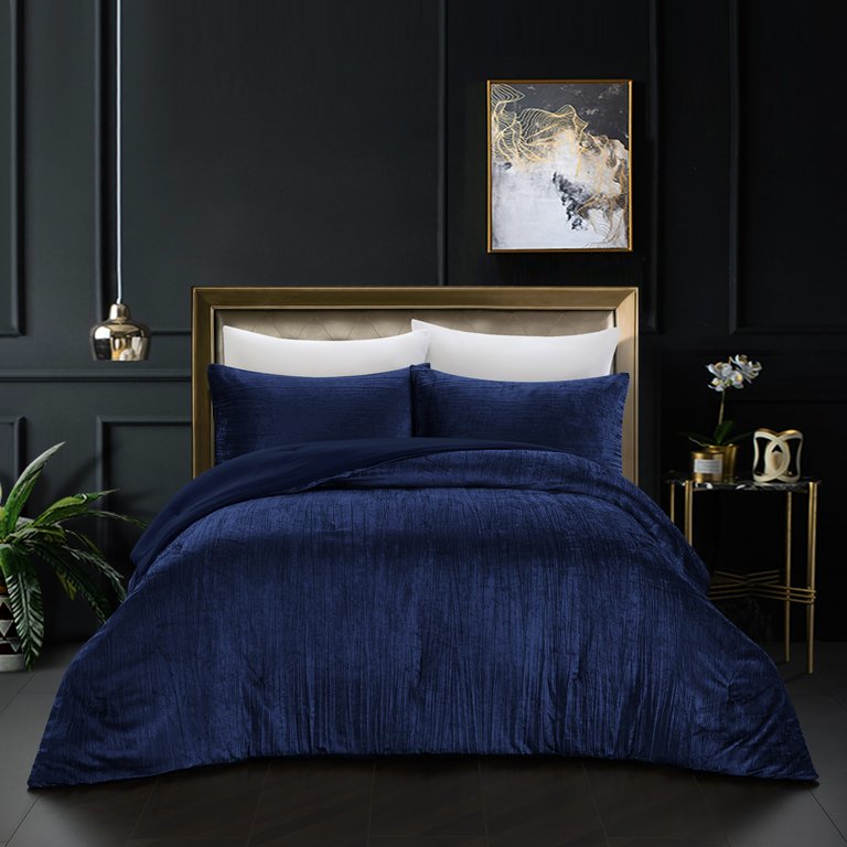 Grace Living - Tillie Velvet 3pc Comforter Set With 2 Pillow Shams, 1 Comforter - Navy King