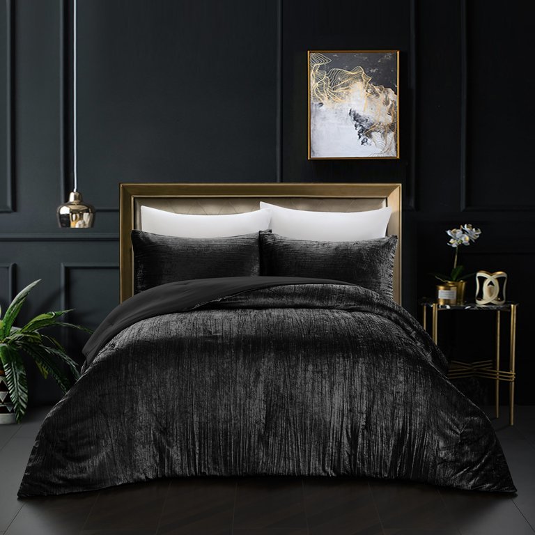 Grace Living - Tillie Velvet 3pc Comforter Set With 2 Pillow Shams, 1 Comforter - Black King
