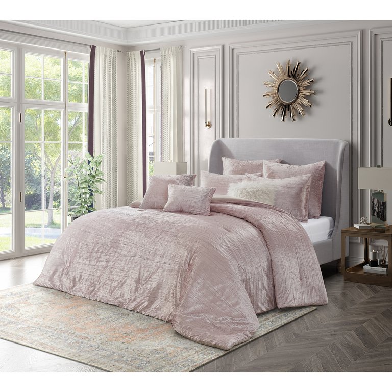 Grace Living - Tova Velvet 8pc Comforter Set With 2 Pillow Shams, 2 Euro Shams, 3 Decorative Pillows, 1 Comforter - Blush King