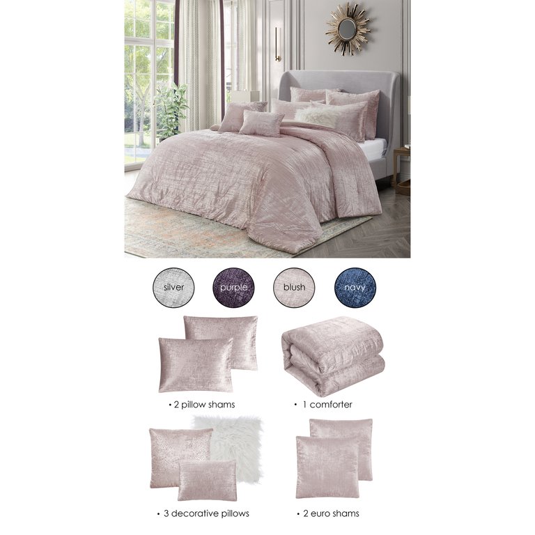 Grace Living - Tova Velvet 8pc Comforter Set With 2 Pillow Shams, 2 Euro Shams, 3 Decorative Pillows, 1 Comforter