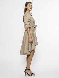 High-Low Shirtwaist Dress With Pinched Detail Sleeves