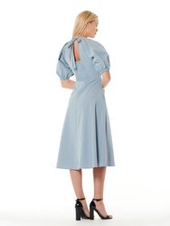 Long Solid Dress W/Shirred Back & Puffed Sleeves