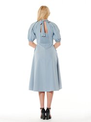Long Solid Dress W/Shirred Back & Puffed Sleeves