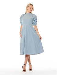 Long Solid Dress W/Shirred Back & Puffed Sleeves