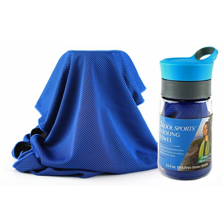 2kool Sports Cooling Towel With 13.5 Oz. BPA Free Tritan Water Bottle For Sports, Workout, Yoga, Fitness, Gym, Pilates, Travel, Camping & More - Dark Blue