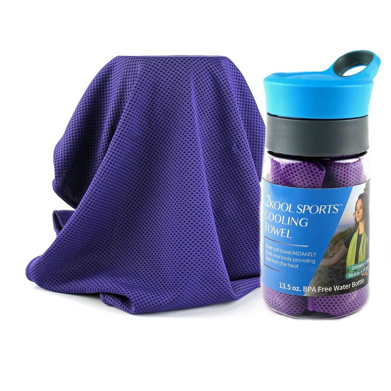 2kool Sports Cooling Towel With 13.5 Oz. BPA Free Tritan Water Bottle For Sports, Workout, Yoga, Fitness, Gym, Pilates, Travel, Camping & More - Purple