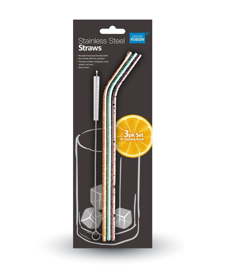 3 Pack Stainless Steel Straw Set With Brush - Painted Metallic Finish