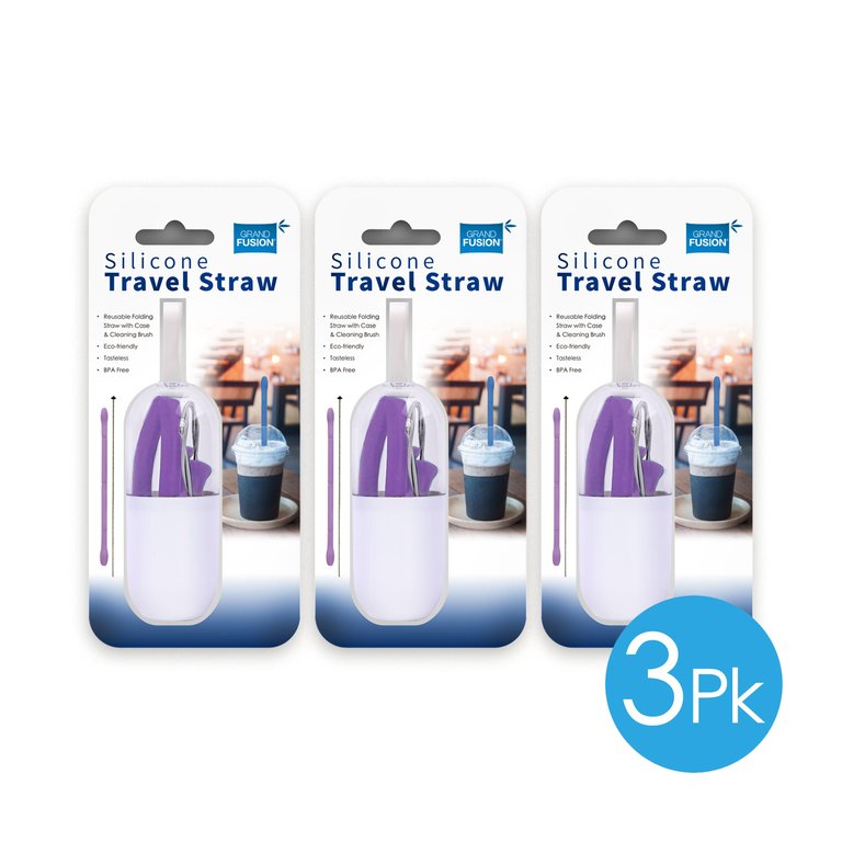 3 Pc Set Of Travel Straw & Brush - Purple