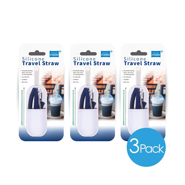 3 Pc Set Of Travel Straw & Brush - Blue