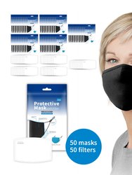 Adult Protective Face Mask And Disposable Air Filter 50 Pack - Black