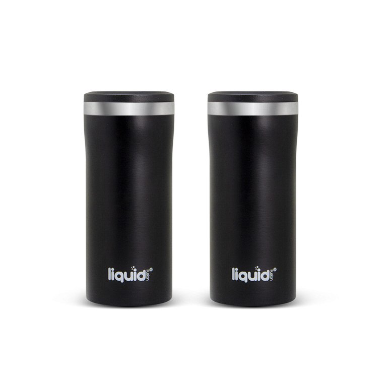 Icy Bev Kooler Skinny Can Insulator, Double Wall Vacuum Sealed Stainless Steel With Silicone Non-Slip Base - Black 2pk
