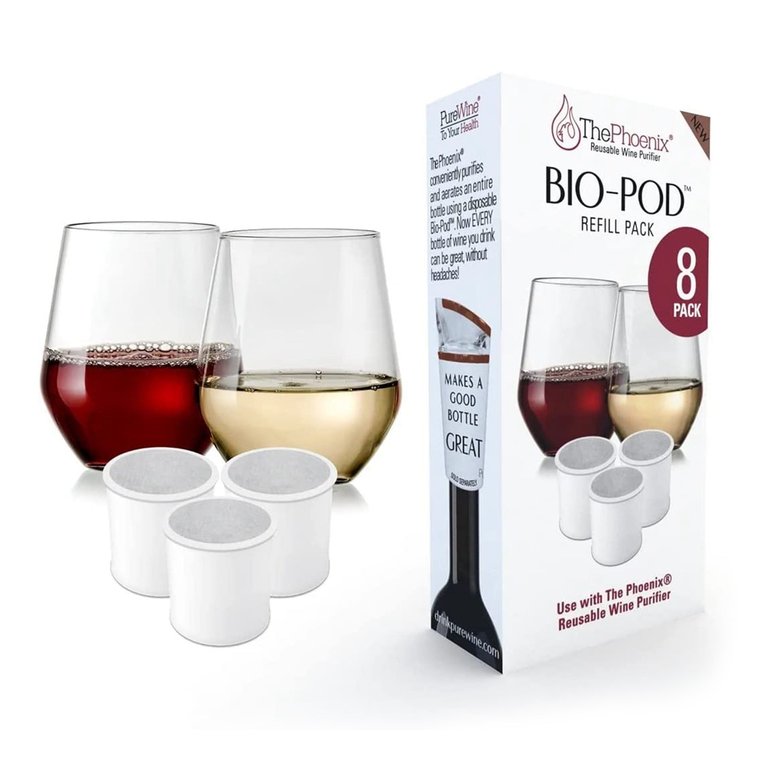 PureWine Phoenix Bio-Pods 8-Pack Refill for Wine Filter - Eco-Friendly, Portable, Reusable Wine Aerator - Histamine & Sulfite Filter & Purifier