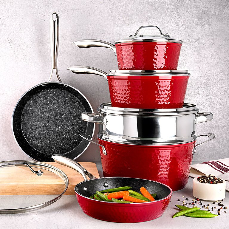 Get It Together - 10 Piece Hammered Diamond Cookware Set - Red