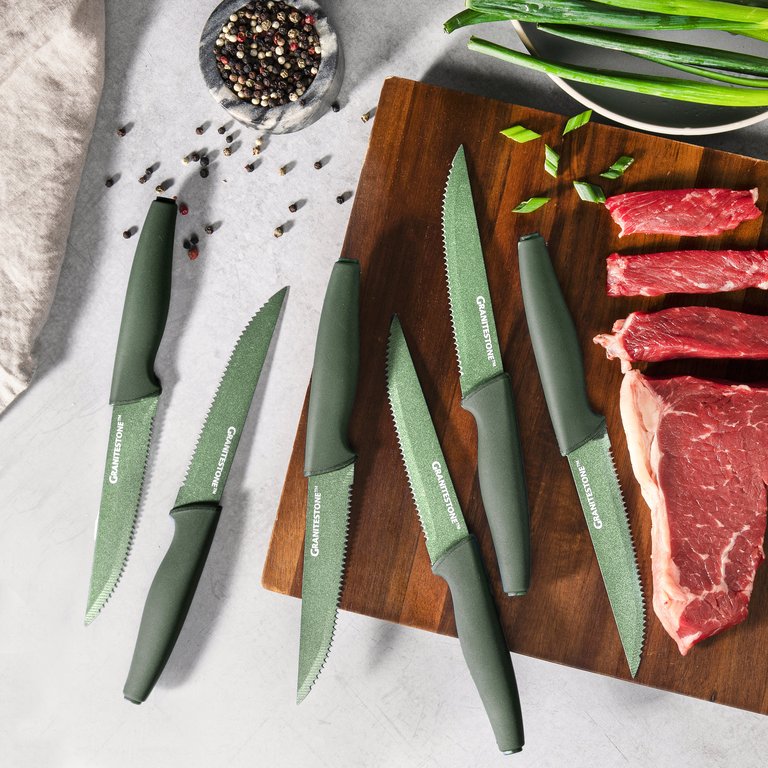 Nutriblade 6-Piece Steak Knives with Comfortable Handles, Stainless Steel Serrated Blades - Emerald