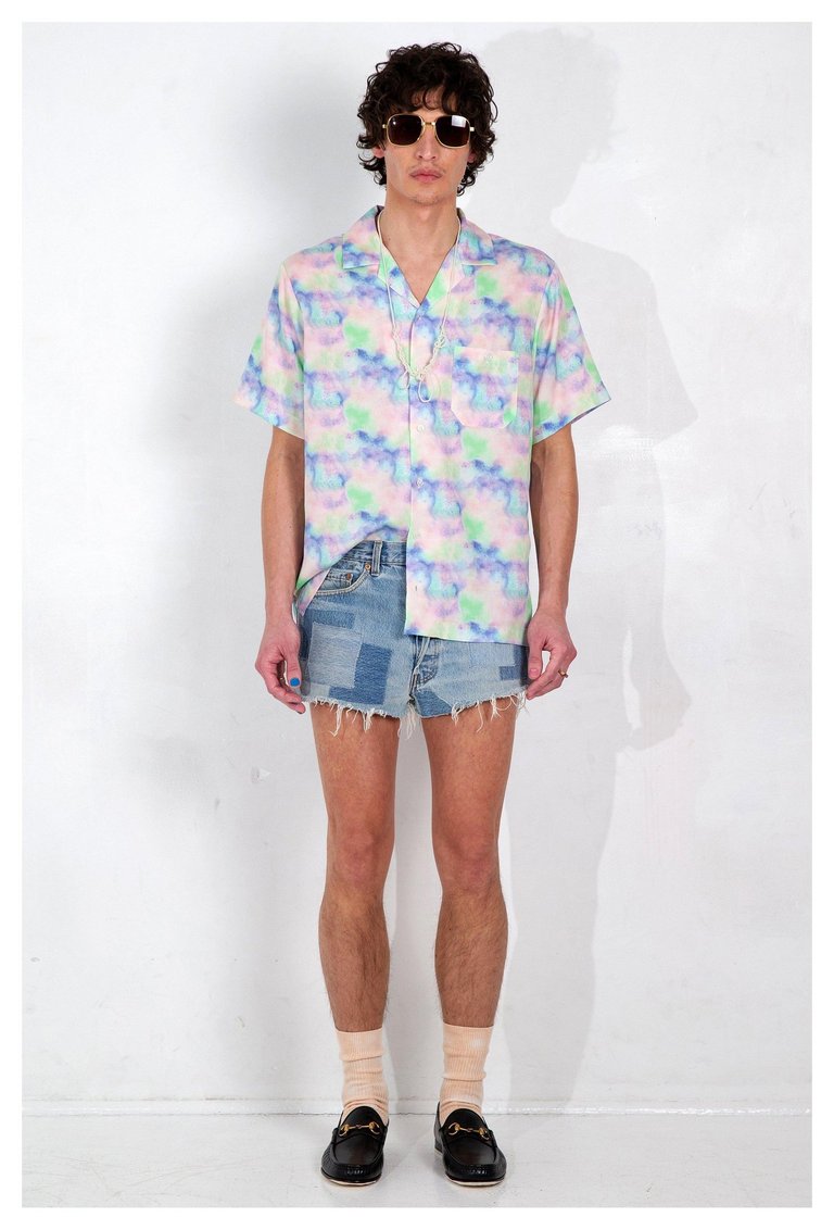 'Desi' Camp Collar Blue Dream Pop Print Short Sleeve Shirt