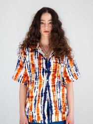 'Desi' Short Sleeve Camp Collar Blue and Orange Batik Print - Blue/Orange