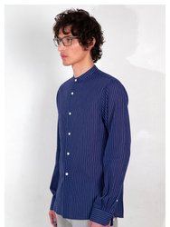 'Liam' Band Collar Blue / White Stripe Long Sleeve Shirt