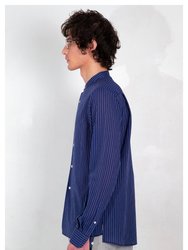 'Liam' Band Collar Blue / White Stripe Long Sleeve Shirt