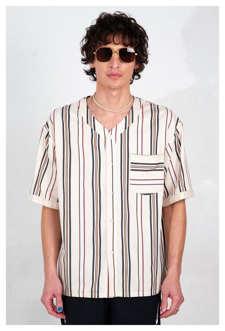 'Valenzuela' Baseball Collar Cream Stripe Short Sleeve Shirt - Cream