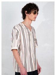 'Valenzuela' Baseball Collar Cream Stripe Short Sleeve Shirt