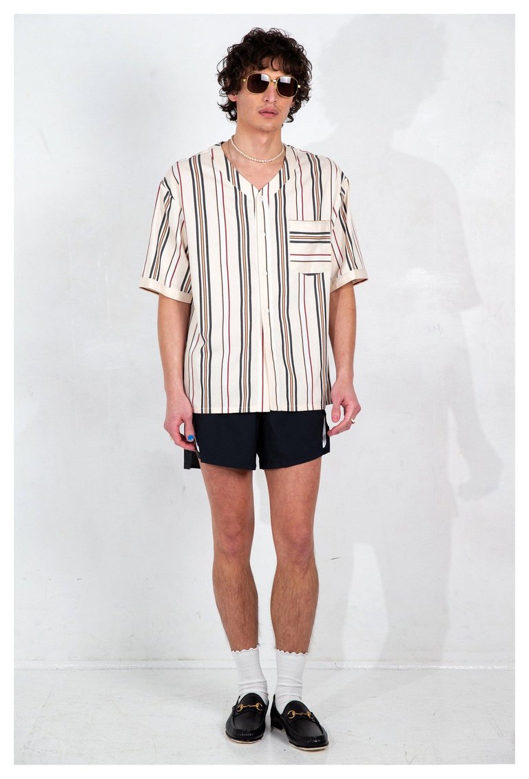 'Valenzuela' Baseball Collar Cream Stripe Short Sleeve Shirt