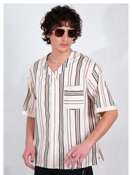 'Valenzuela' Baseball Collar Cream Stripe Short Sleeve Shirt