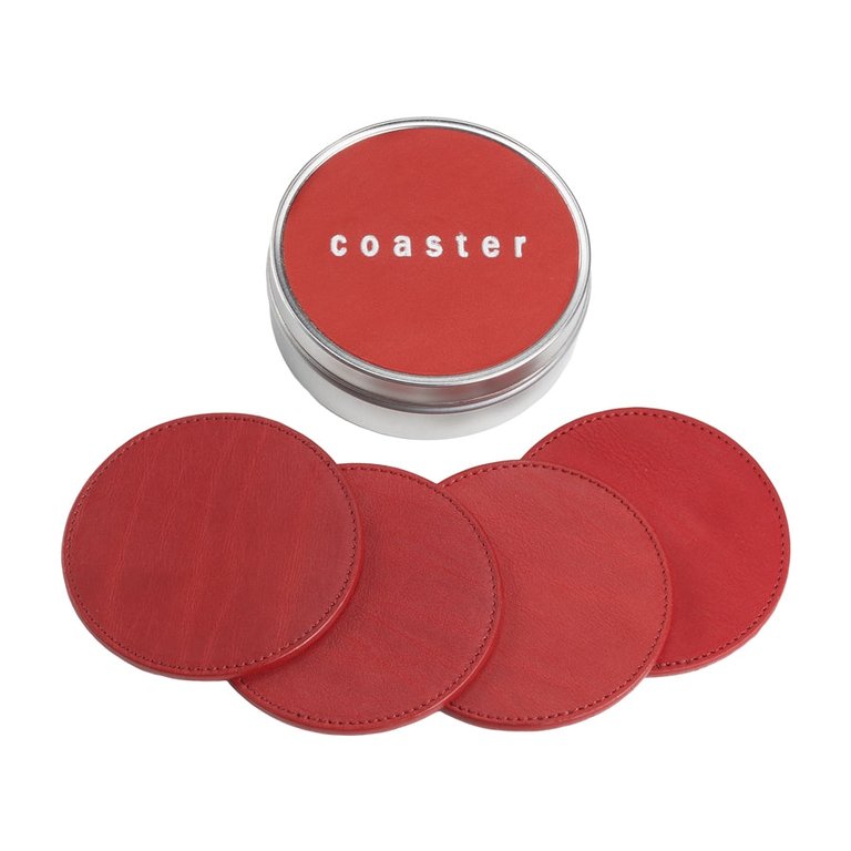 4 Leather Coasters with Tin Box - Red