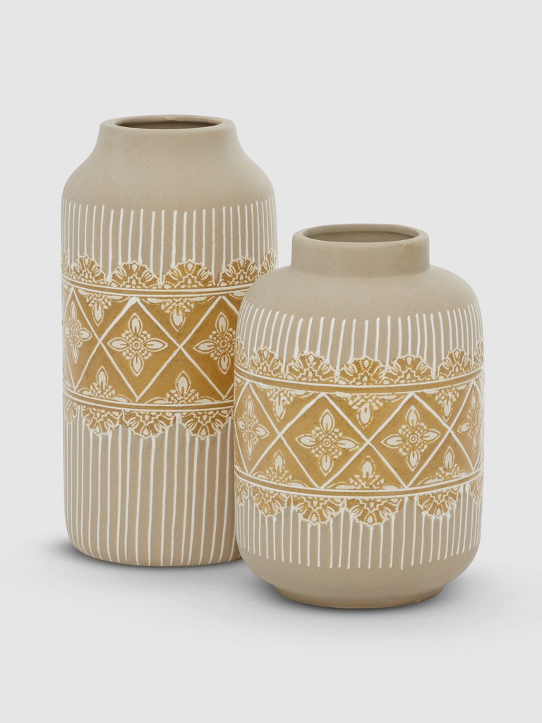Bohemian Ceramic Vases, Set Of 2 - Beige