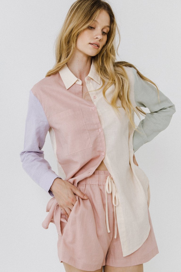 Colorblock Linen Long Shirt - Multi