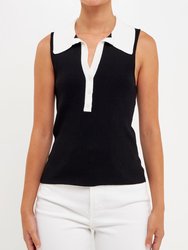 Contrast Ribbed Collared Sleeveless Top