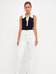 Contrast Ribbed Collared Sleeveless Top - Black/White