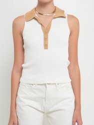 Contrast Ribbed Collared Sleeveless Top